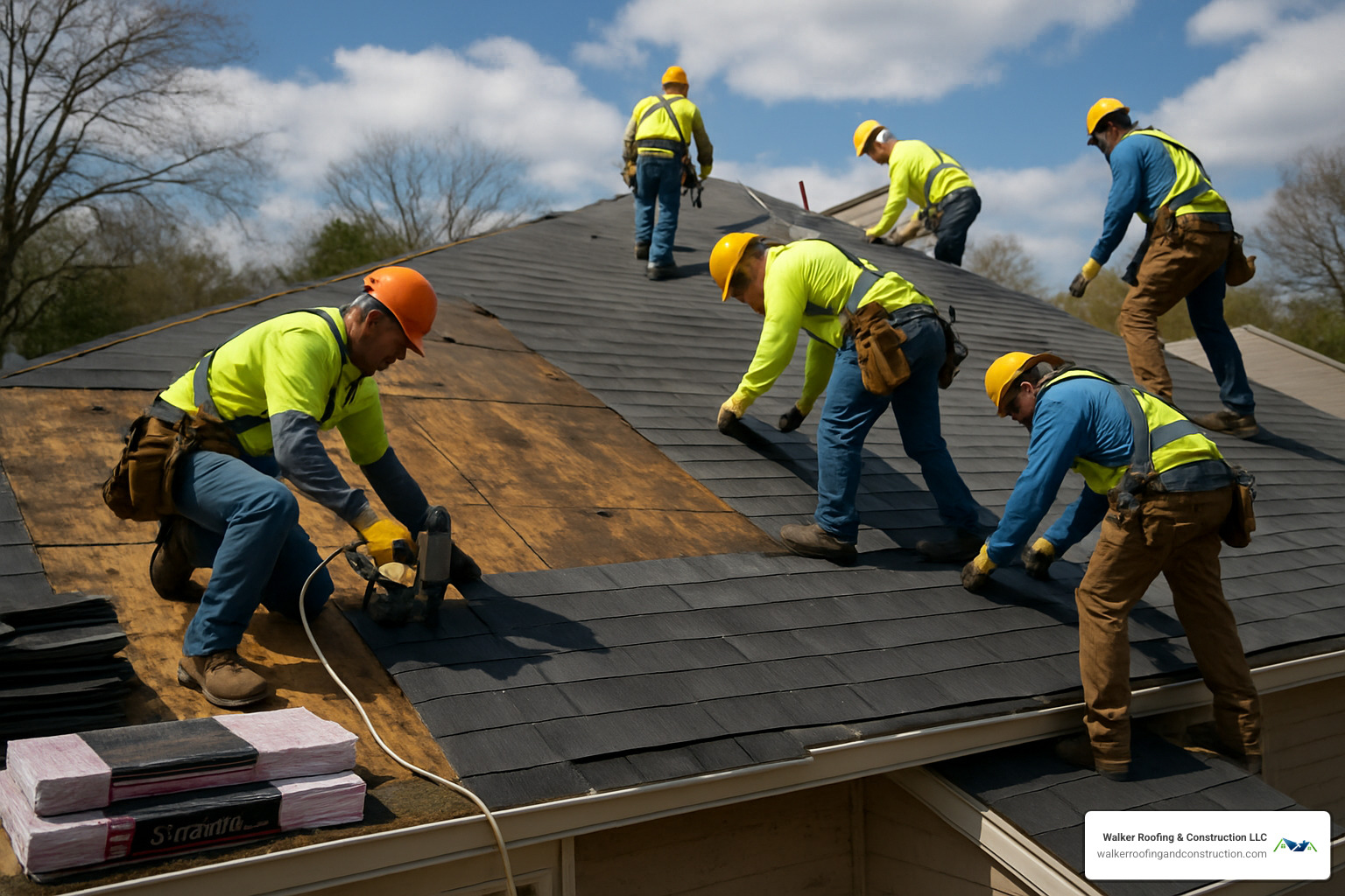 roofing crew installing new shingles on damaged roof - insurance claim roof repairs