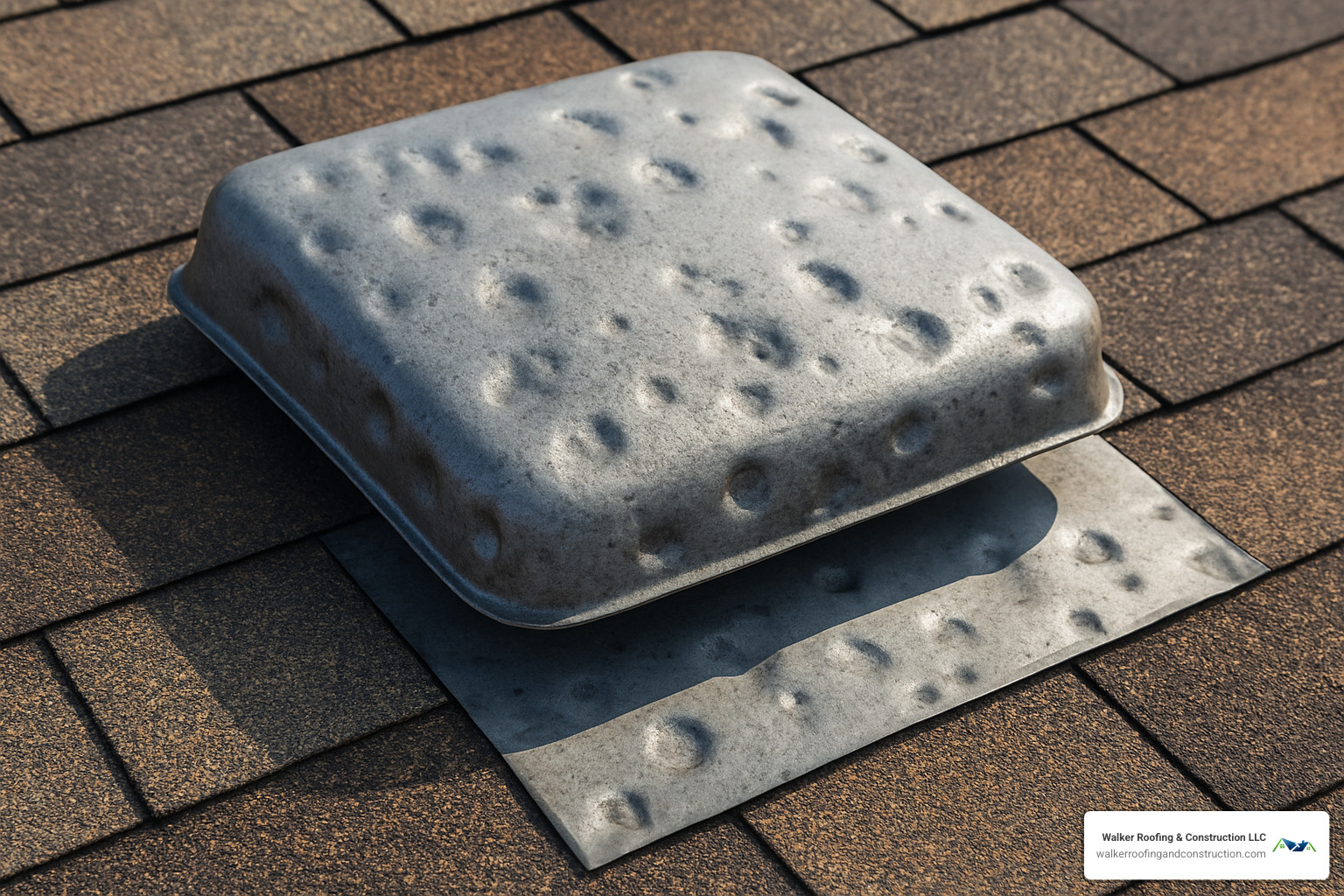 hail damage on roof vent showing dents and impact marks - insurance claim roof repairs