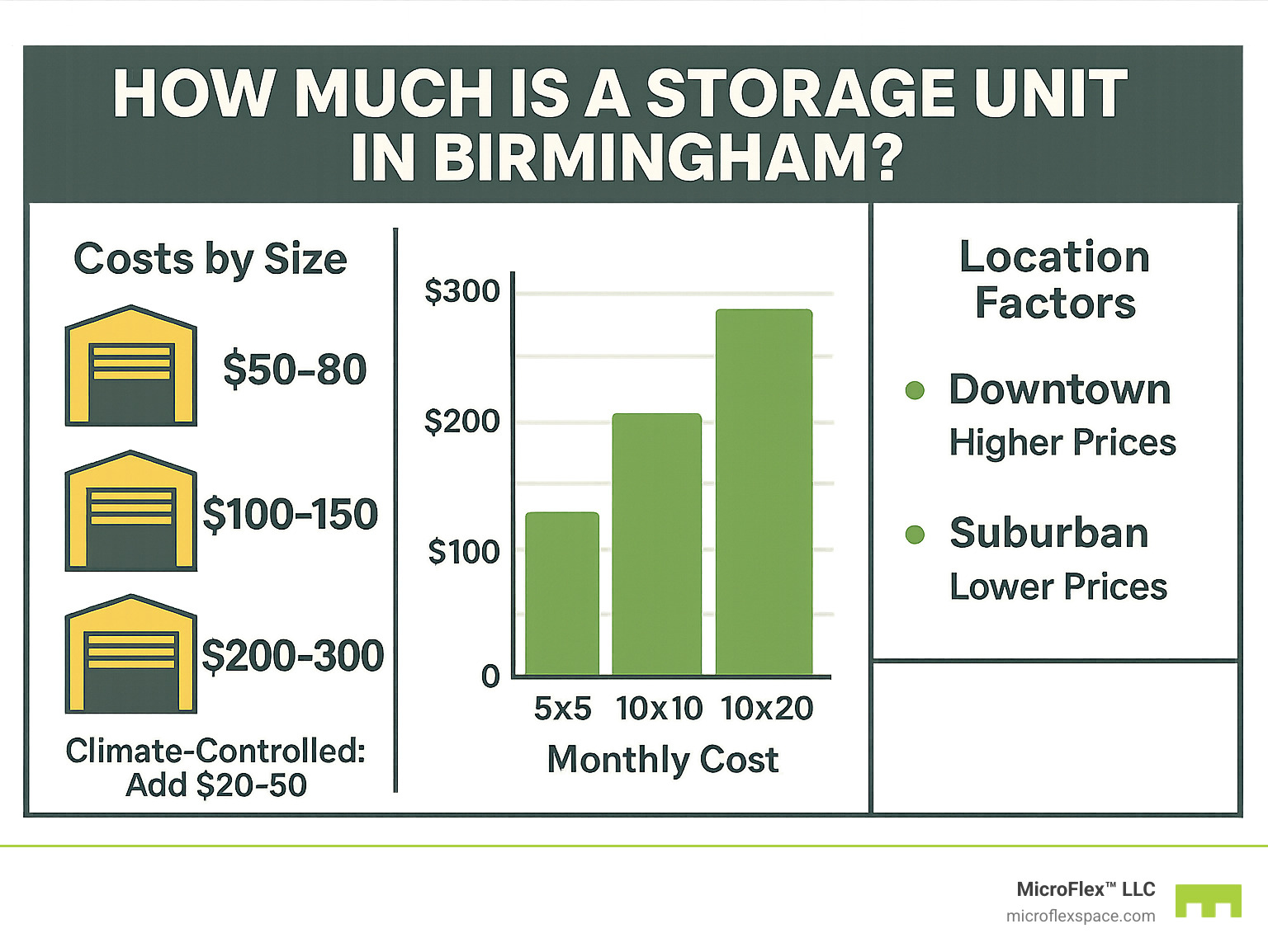 Detailed breakdown of Birmingham storage unit pricing by size, location factors, and monthly costs with visual comparison charts - how much is a storage unit in birmingham infographic