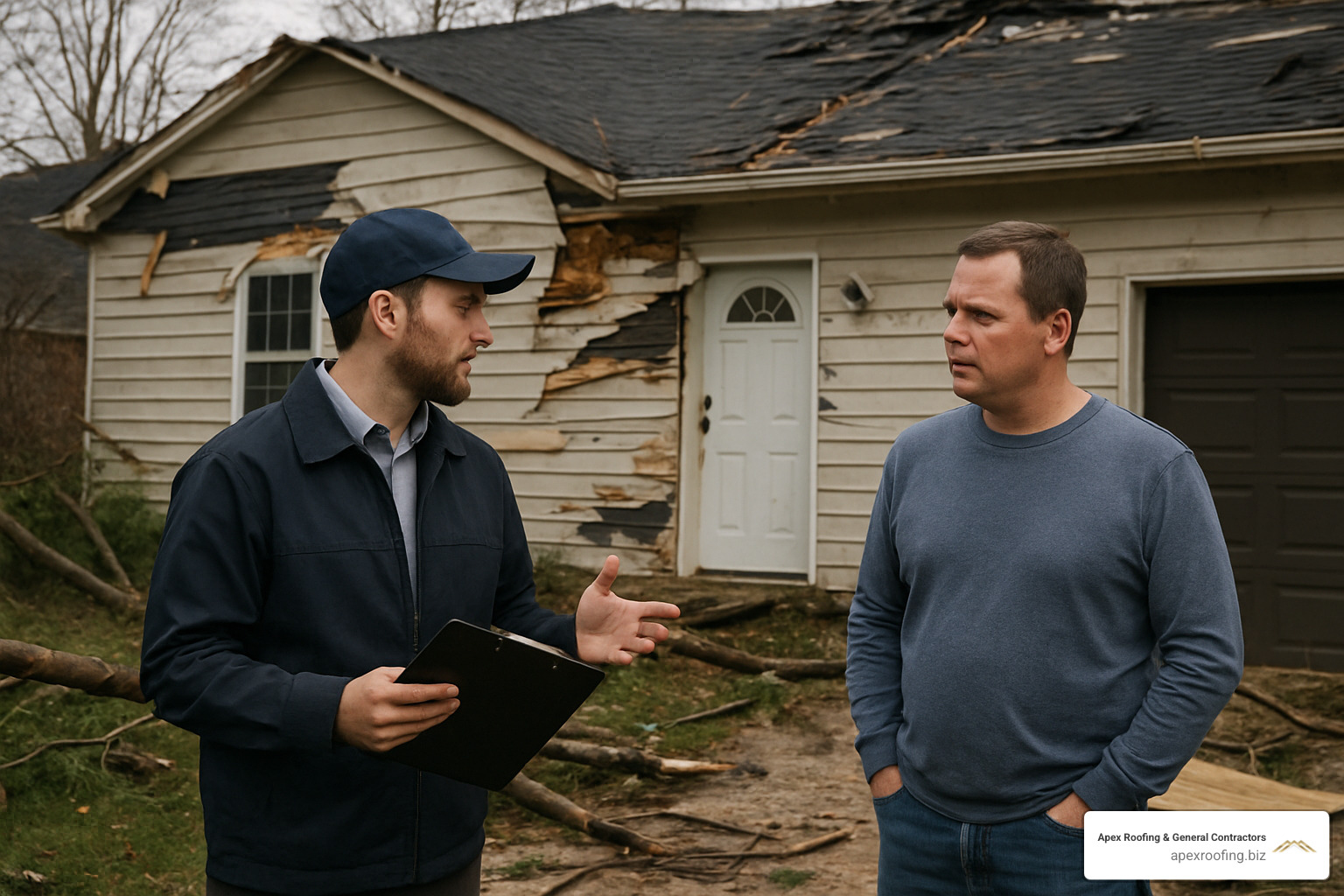 Insurance adjuster meeting with homeowner to assess storm damage - storm damage repair