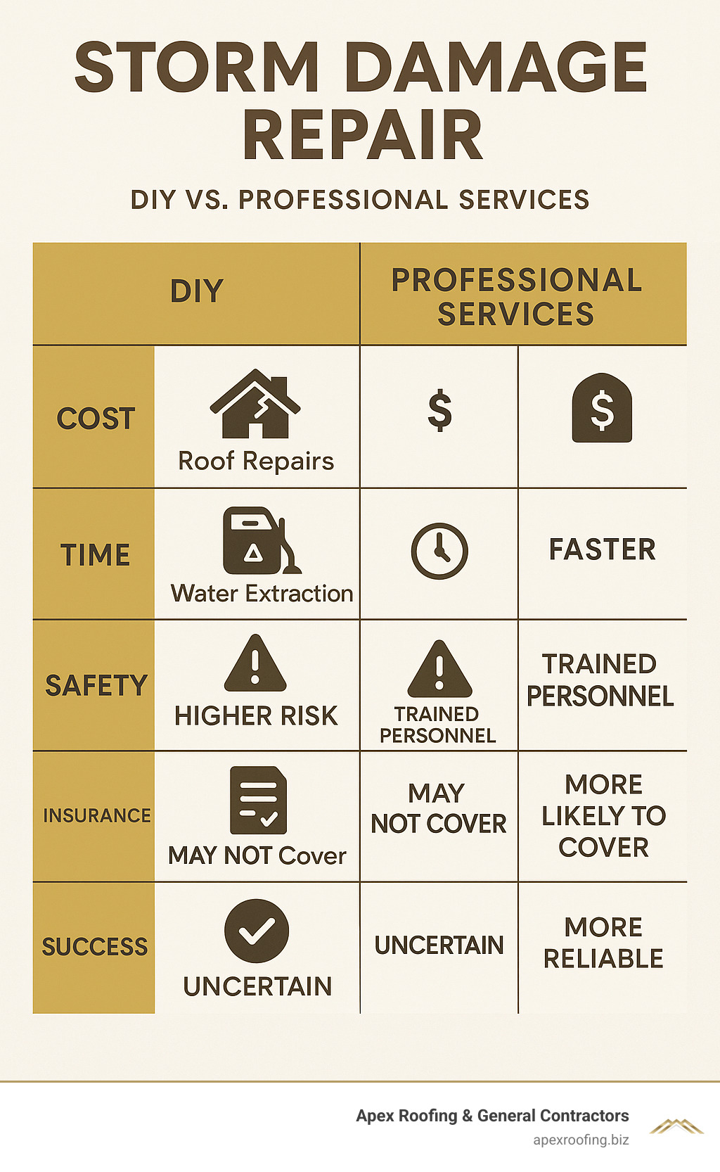 Infographic comparing DIY storm damage repairs versus professional services, showing cost ranges, time requirements, safety considerations, insurance implications, and success rates for different types of storm damage including roof repairs, water extraction, structural repairs, and mold prevention - storm damage repair infographic 