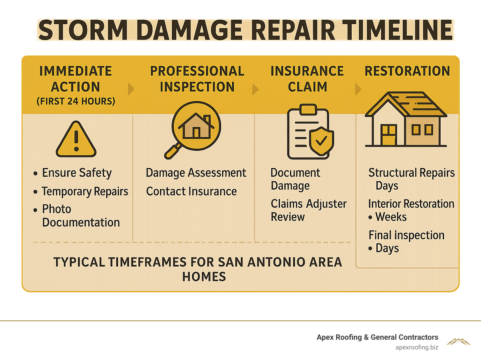 Comprehensive infographic showing storm damage repair timeline from immediate safety steps through insurance claims to full restoration completion, including 24-hour emergency response, 48-hour professional inspection, insurance documentation requirements, and restoration phases with typical timeframes for San Antonio area homes - storm damage repair infographic 