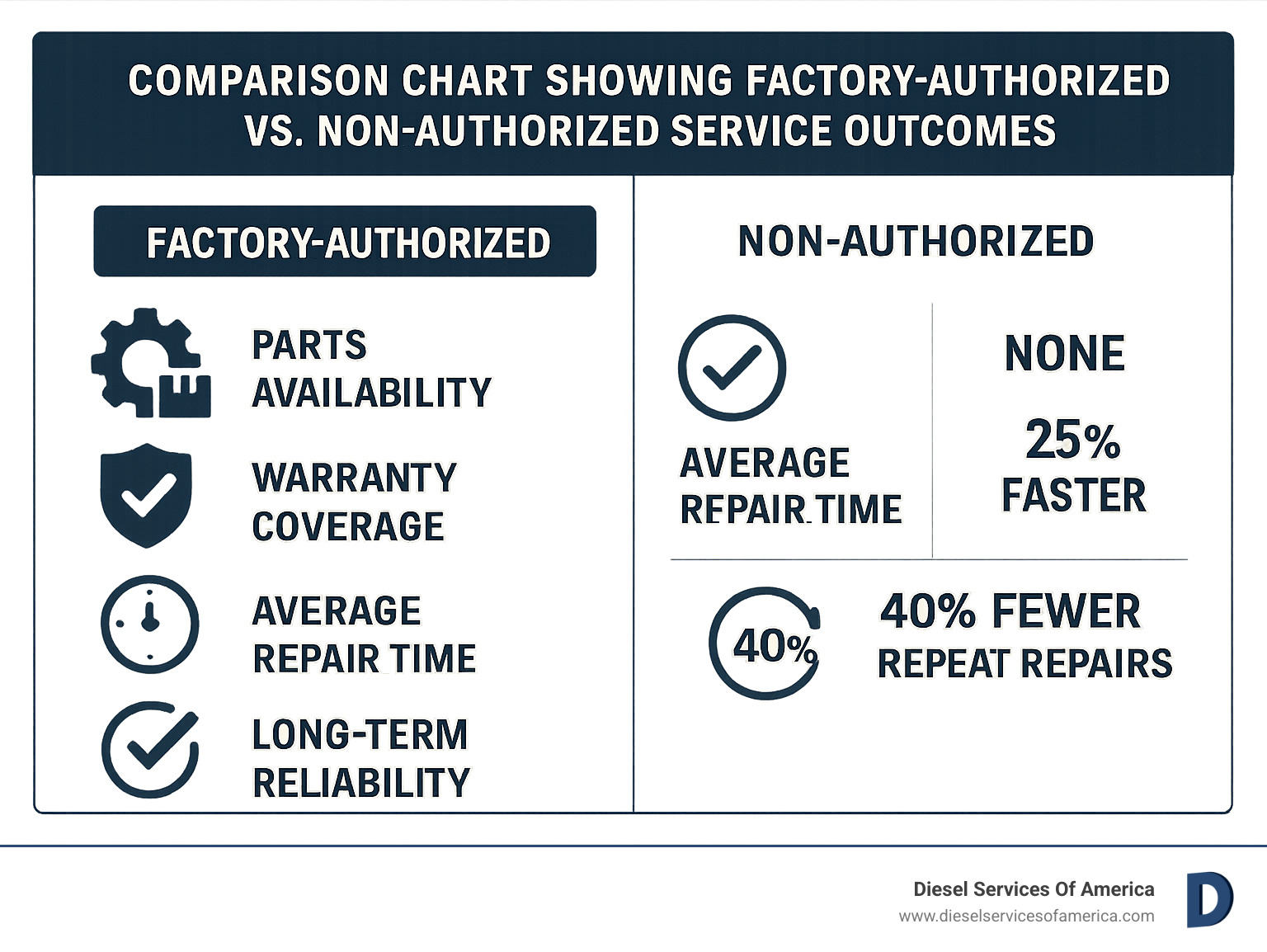 Comparison chart showing factory-authorized versus non-authorized service outcomes - Factory Authorized Marine Diesel Experts infographic 