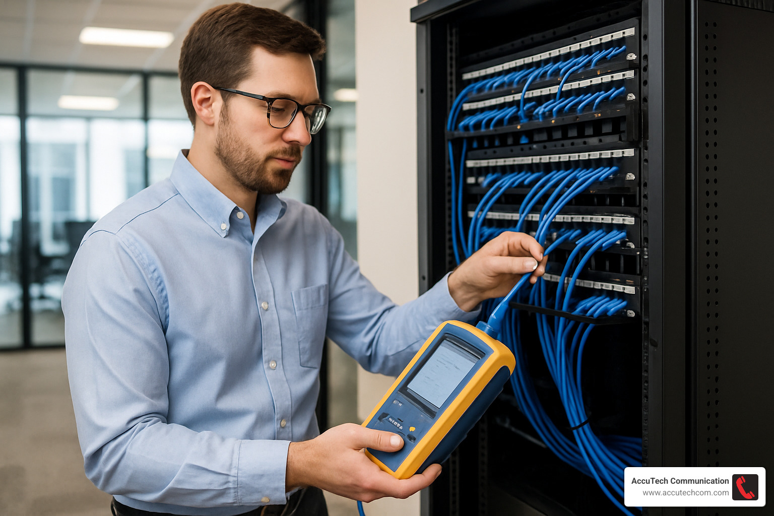 technician testing network cables with certification equipment - commercial structured cabling