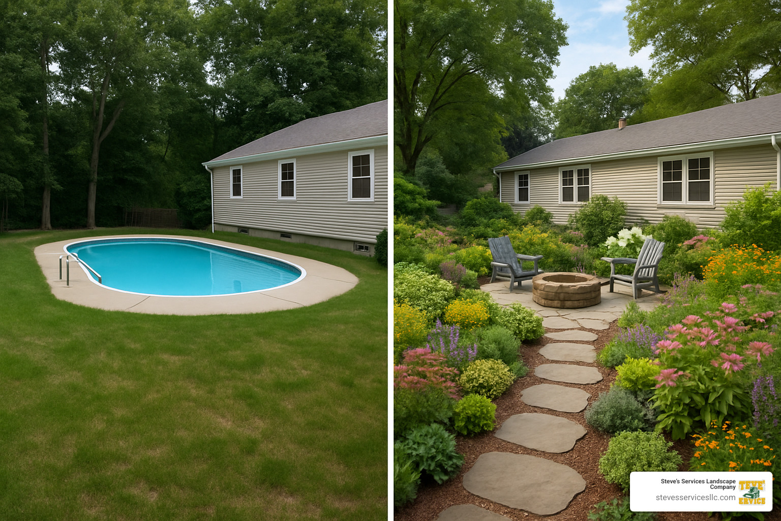 Before and after change showing former pool area converted to beautiful garden with native plants, stone pathways, and outdoor seating area - pool demo near me Before and after change showing former pool area converted to beautiful garden with native plants, stone pathways, and outdoor seating area - pool demo near me