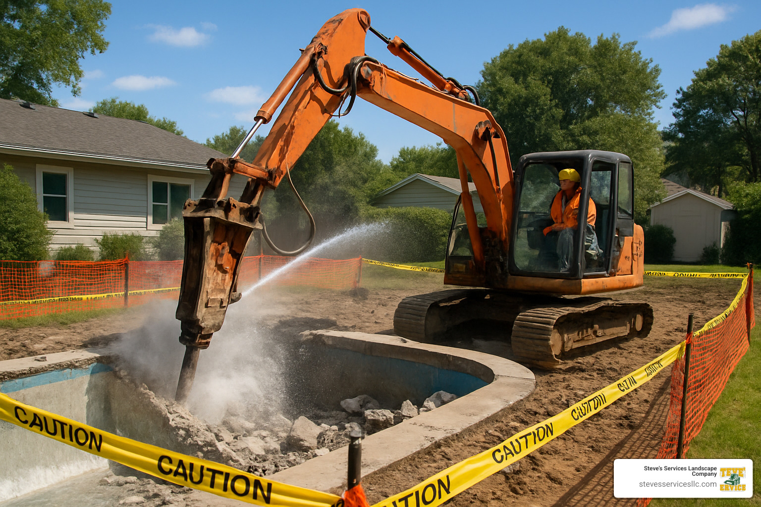 Excavator breaking concrete pool with proper safety equipment and dust control measures - pool demo near me Excavator breaking concrete pool with proper safety equipment and dust control measures - pool demo near me