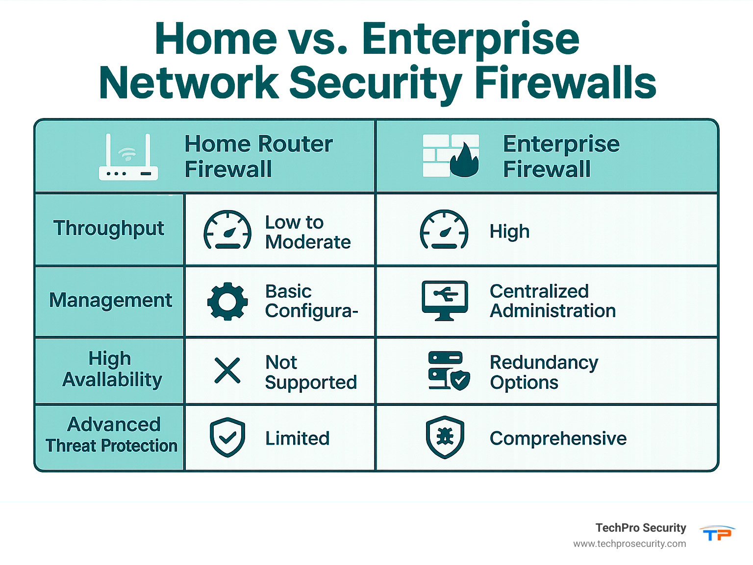 Infographic comparing home router firewall capabilities versus enterprise firewall features, showing differences in throughput, management options, high availability, and advanced threat protection - network security firewall infographic 