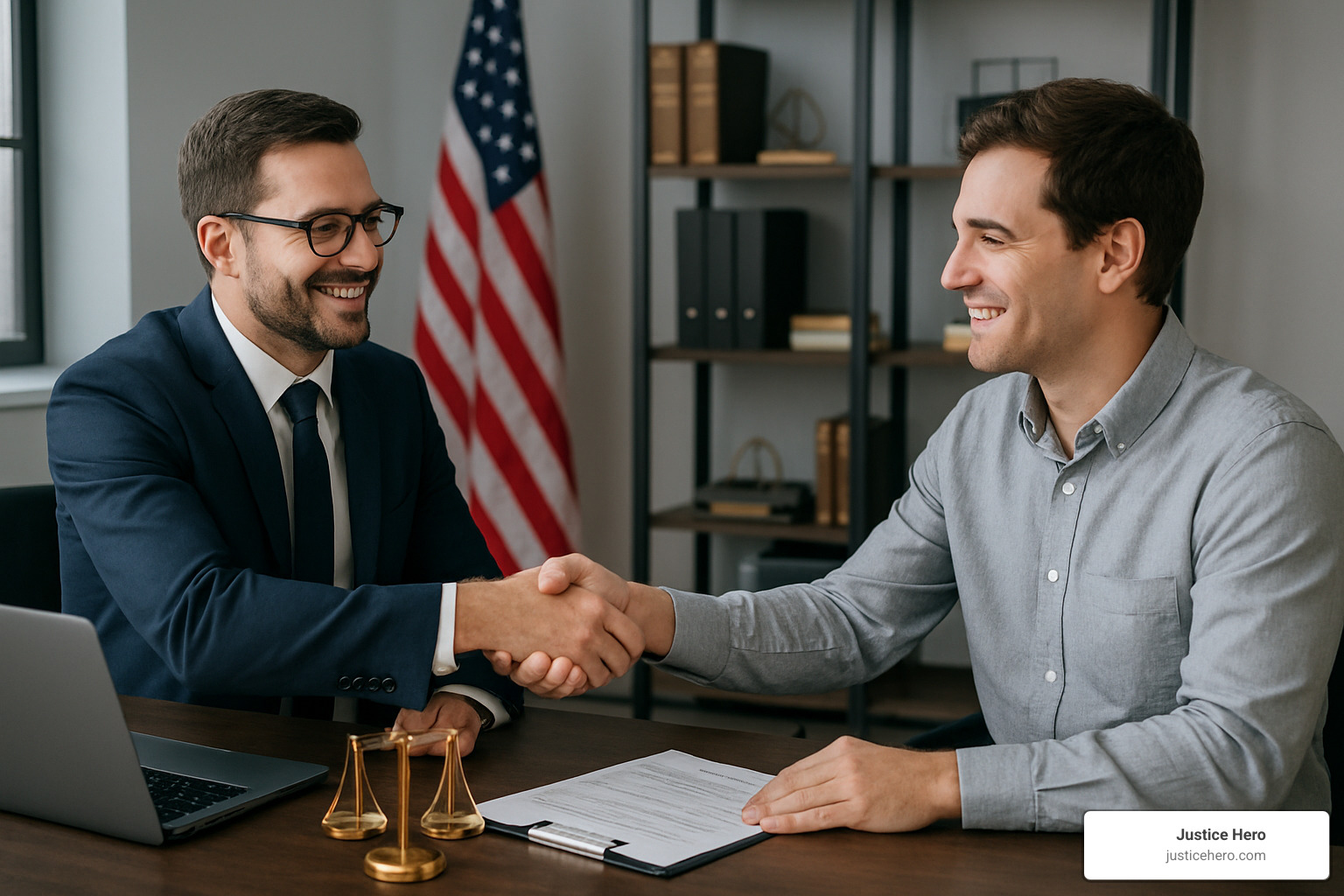 attorney and client shaking hands in office setting - auto accident legal advice