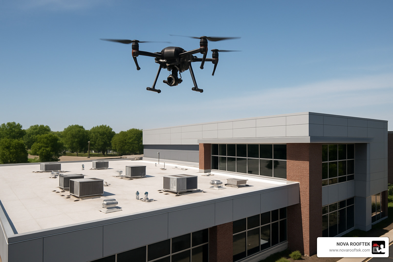 Drone conducting roof inspection over commercial building - five-star roofing company