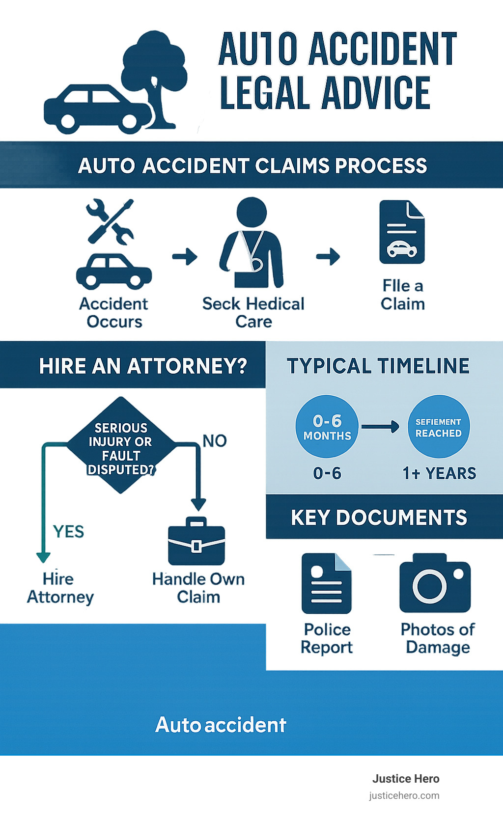 Detailed infographic summarizing the complete auto accident claims process from immediate post-crash steps through final settlement, including decision trees for when to hire an attorney, typical timeline milestones, and key documentation requirements - auto accident legal advice infographic 