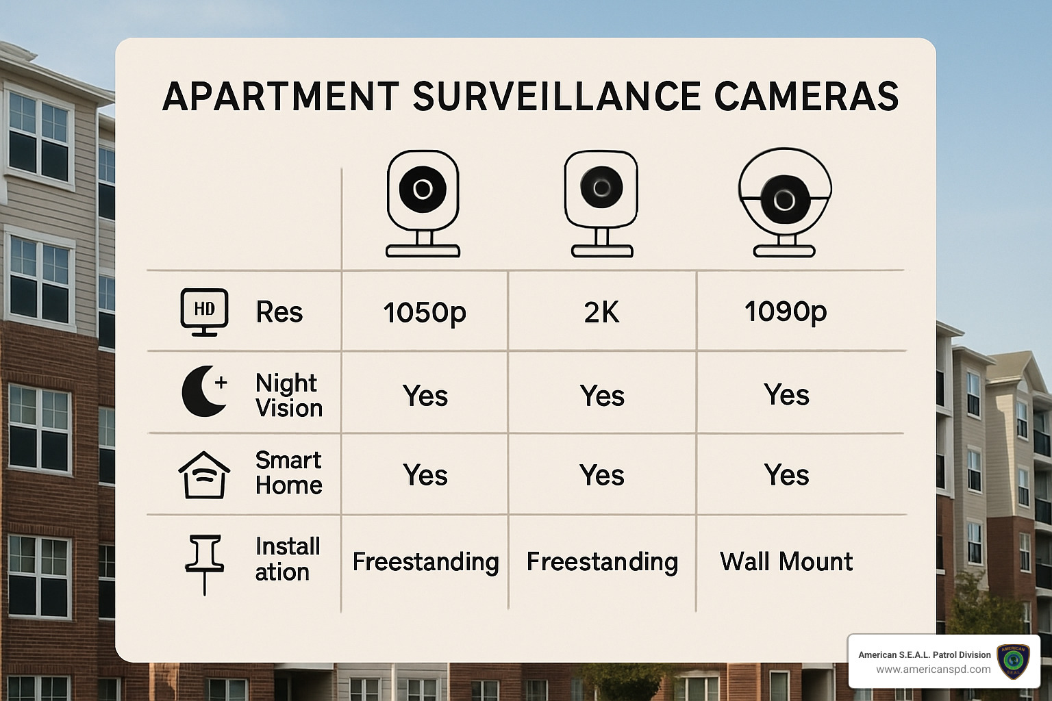 comparison chart of security camera features and specifications - apartment surveillance cameras