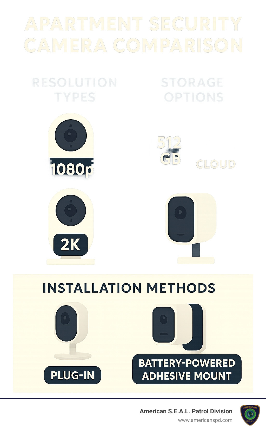 Apartment security camera comparison showing resolution types, storage options, and installation methods for renters - apartment surveillance cameras infographic 