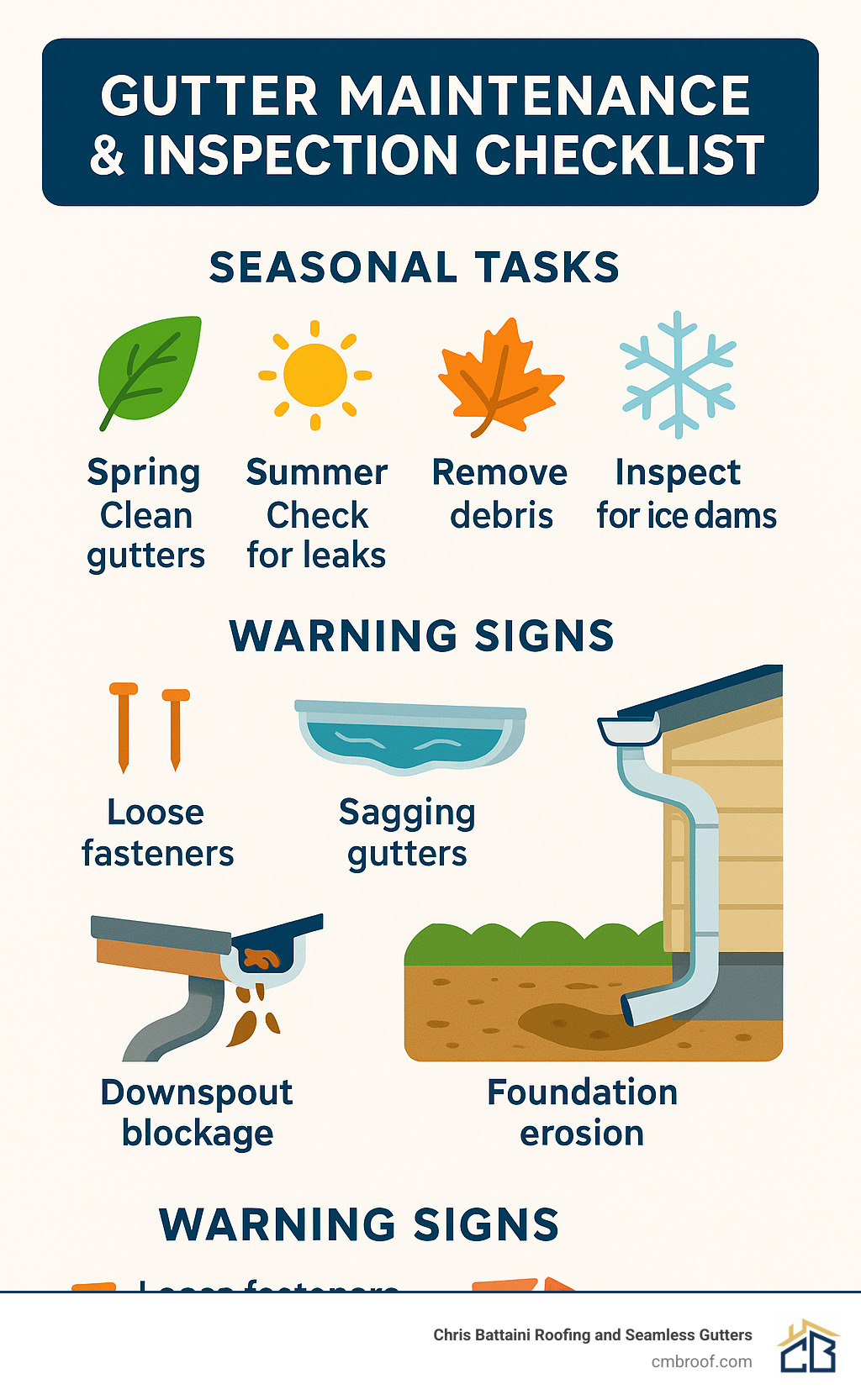 Gutter maintenance and inspection checklist showing seasonal tasks and warning signs - attaching gutter infographic 