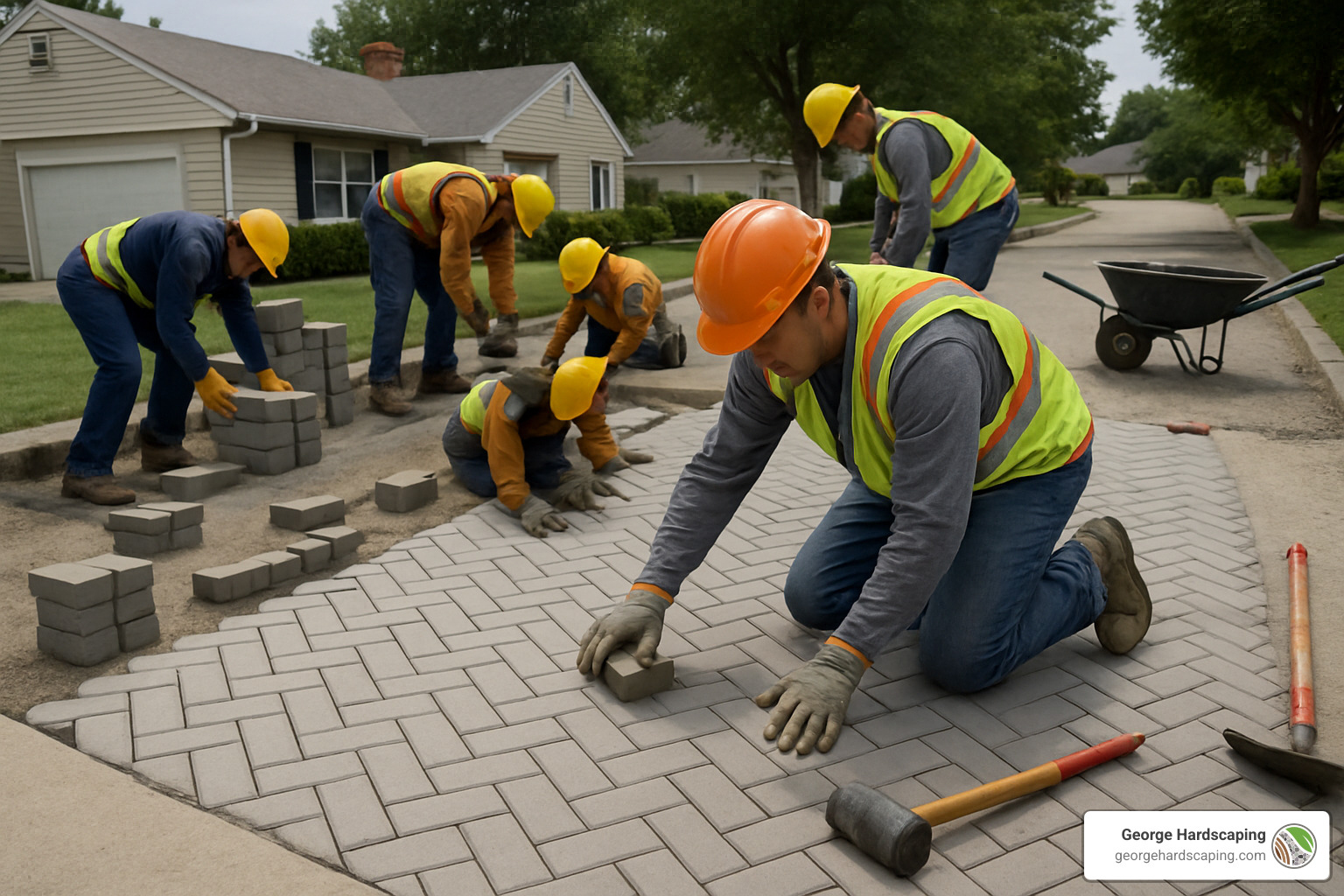 crew laying herringbone pattern pavers on a sloped driveway - is pavers good for slopped driveway