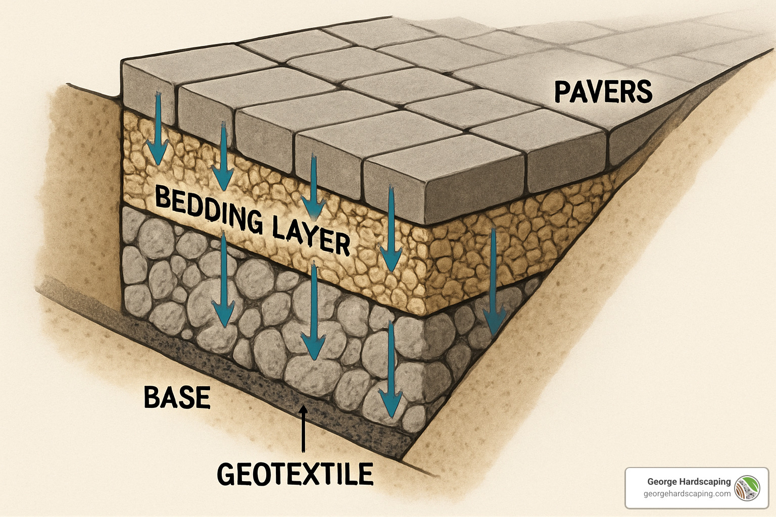 cross-section diagram of permeable paver system showing water infiltration through joints - is pavers good for slopped driveway