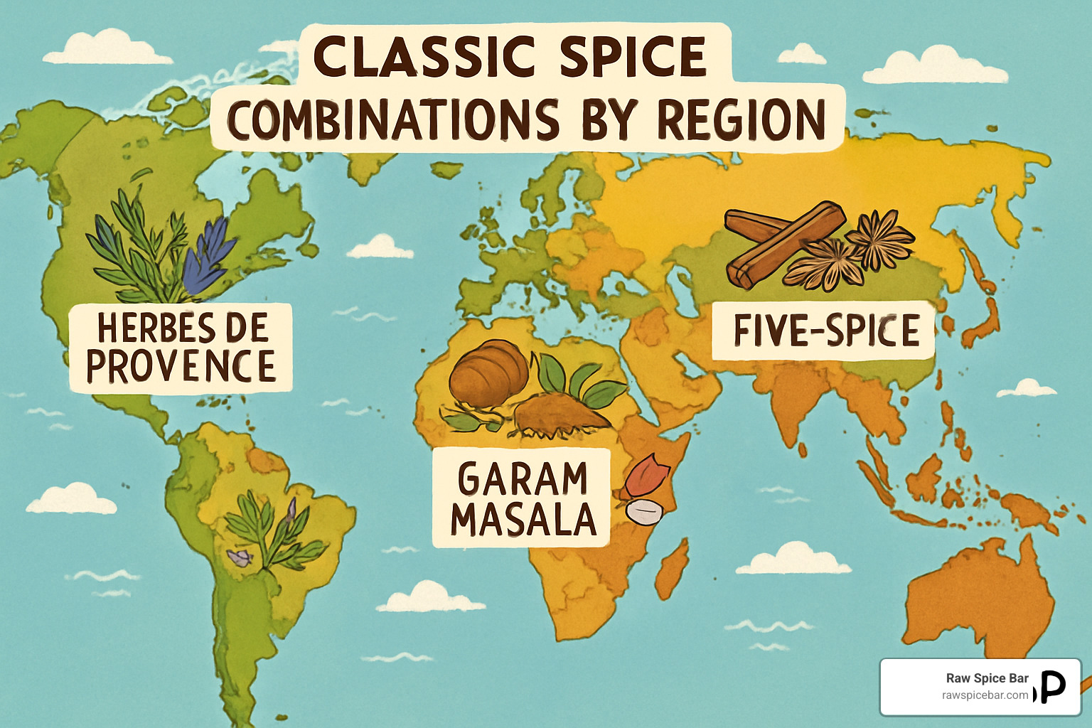 World map showing classic spice combinations by region: garam masala in India, herbes de Provence in France, berbere in Ethiopia, five-spice in China - how to use spices