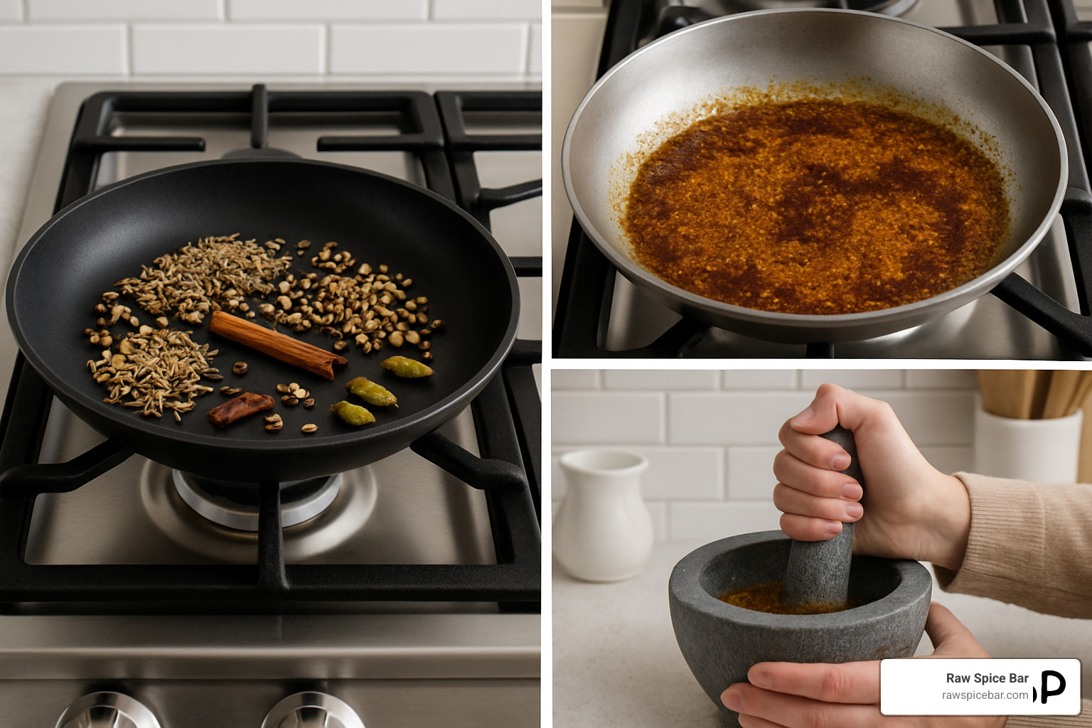Step-by-step photos showing toasting spices in a dry pan, blooming spices in oil, and grinding with mortar and pestle - how to use spices