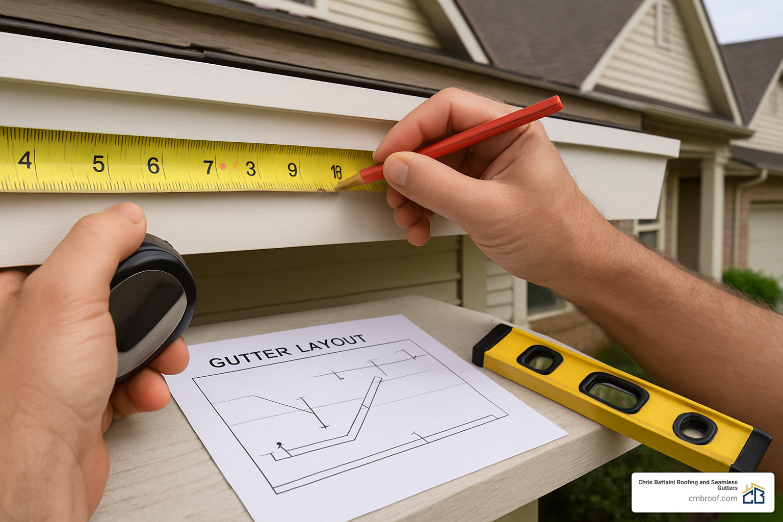 Measuring tools and gutter layout plan - attaching gutter