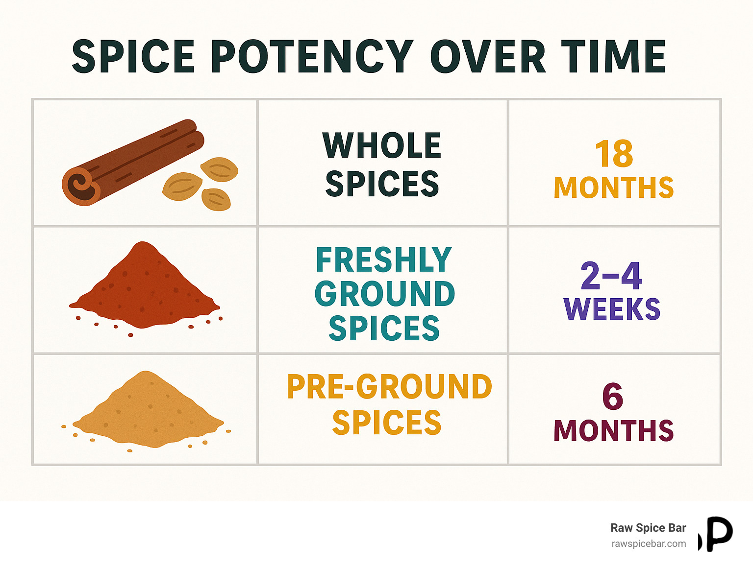 Comparison table showing spice potency over time: whole spices maintain flavor for 18 months, freshly ground spices peak for 2-4 weeks, pre-ground spices decline after 6 months - how to use spices infographic 