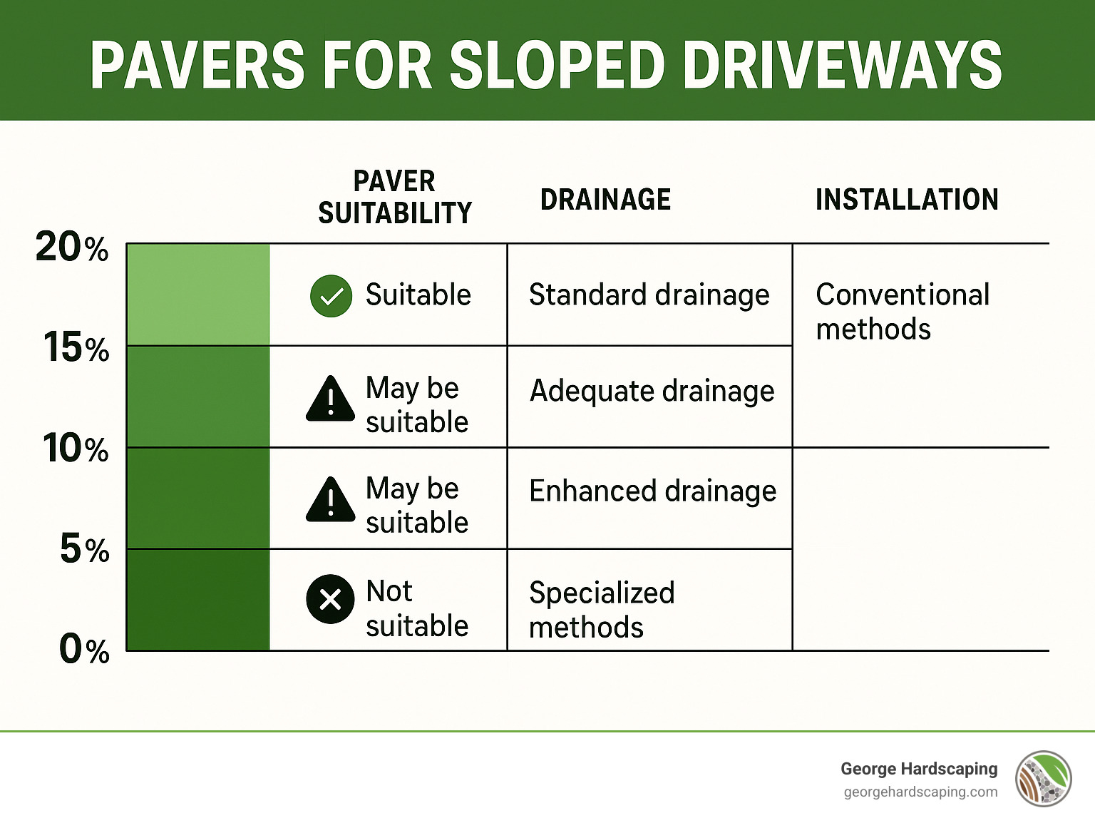 Infographic showing slope percentages from 0-20% with corresponding paver suitability ratings, drainage requirements, and recommended installation techniques for each grade range - is pavers good for slopped driveway infographic