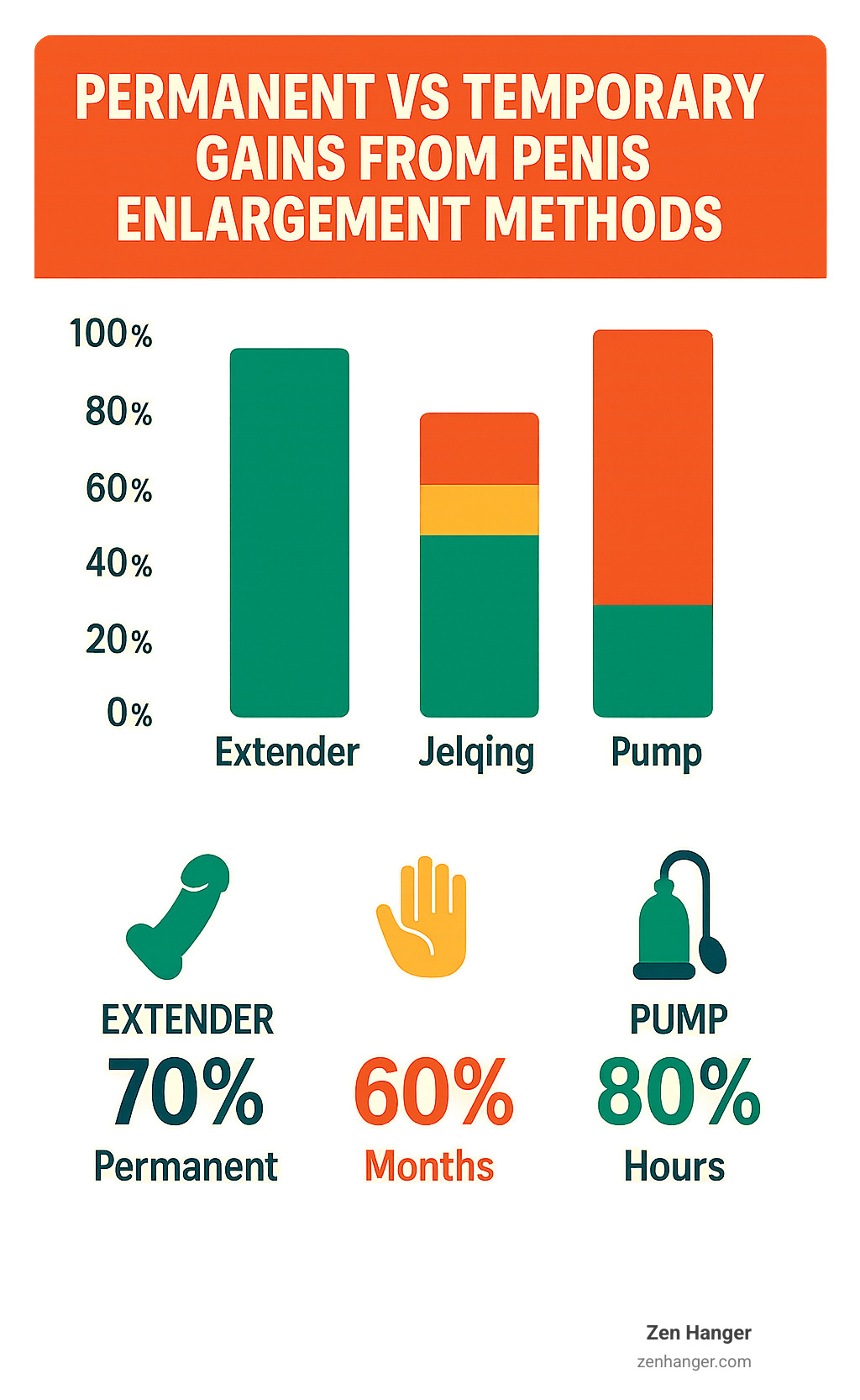 Statistics showing permanent vs temporary gains from different penis enlargement methods, including success rates and duration of results - best penis enlargement tool infographic