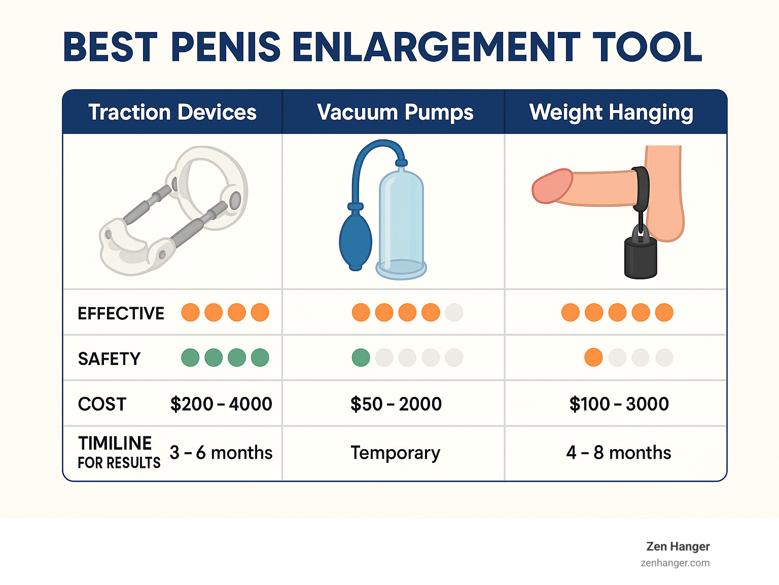 Comprehensive comparison of penis enlargement methods showing traction devices, vacuum pumps, and weight hanging systems with effectiveness ratings, safety levels, cost ranges, and typical timeline for results - best penis enlargement tool infographic