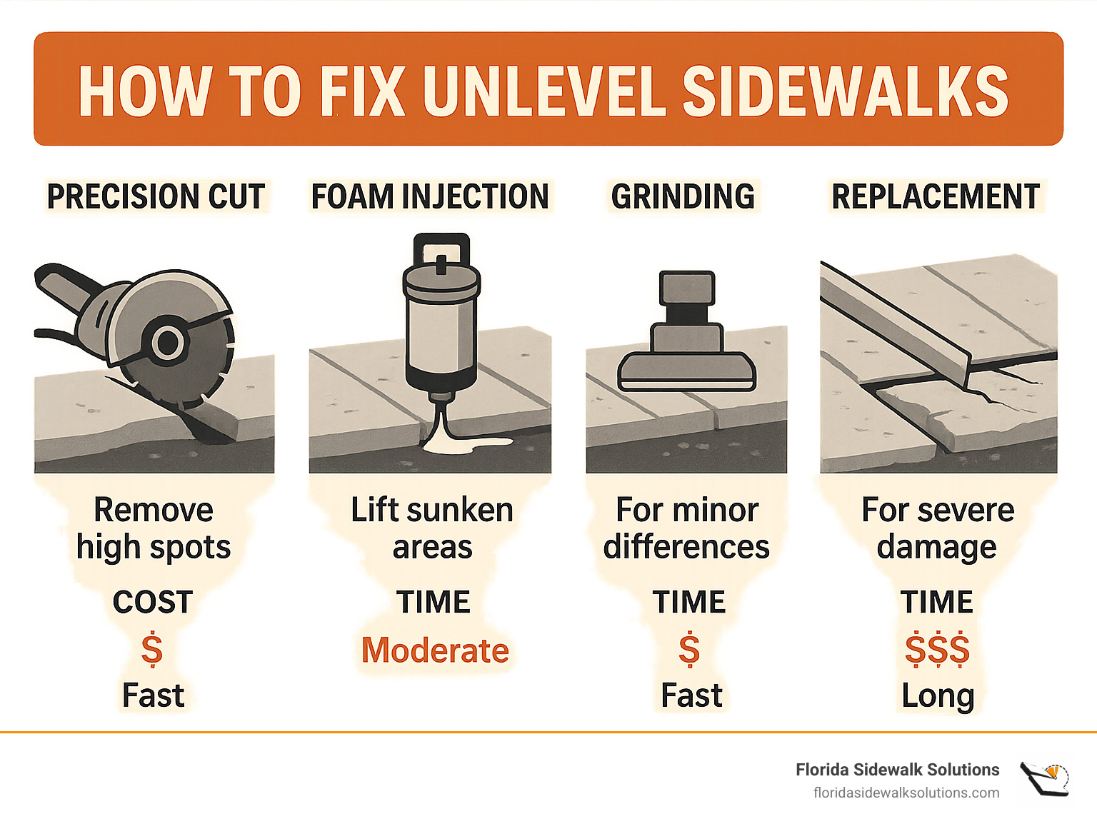 Infographic showing different sidewalk leveling methods including precision cutting removing high spots, foam injection lifting sunken areas, grinding for minor differences, and replacement for severe damage, with cost and time comparisons for each method - how to fix not leveled sidewalk infographic 