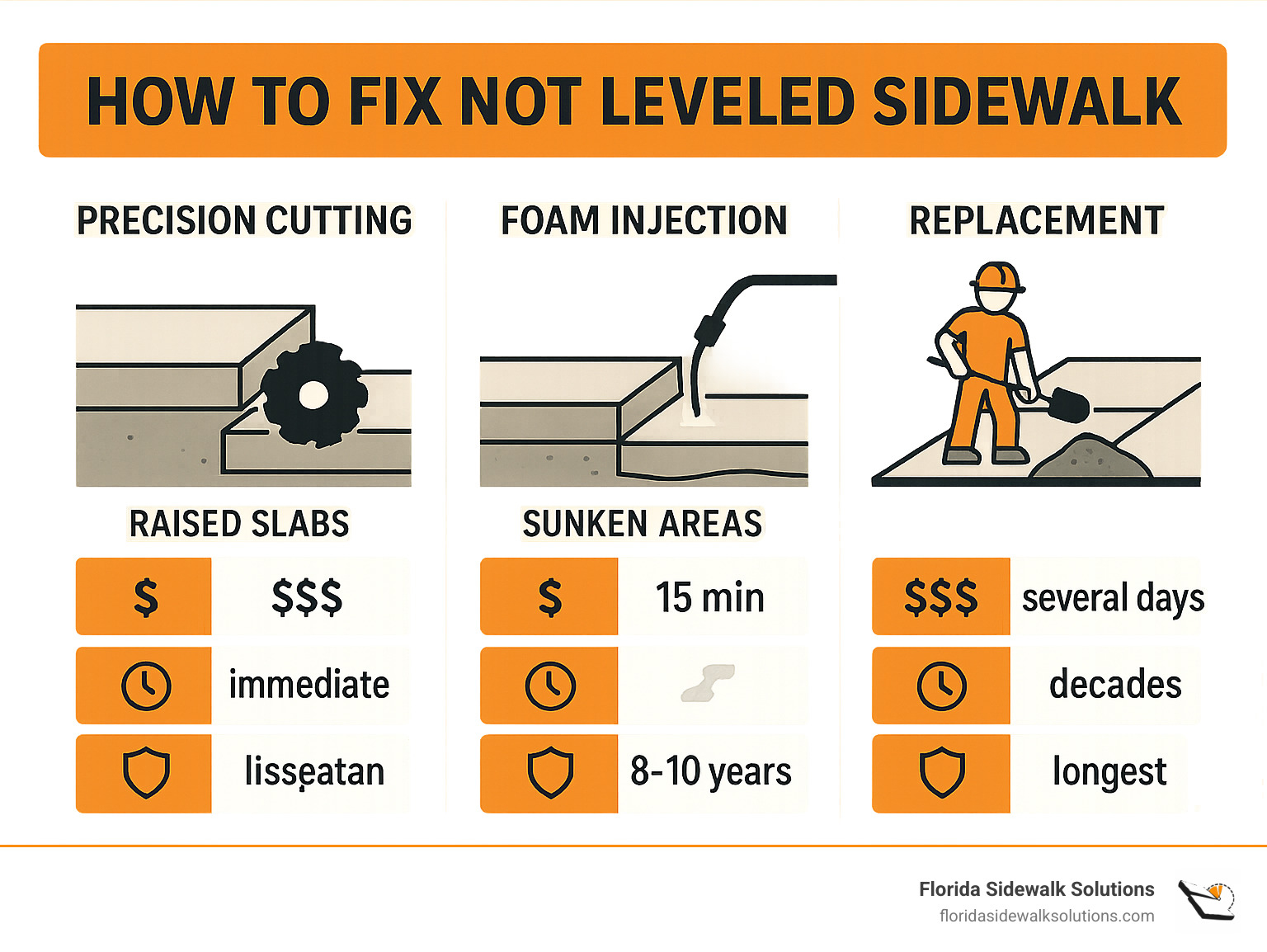 Infographic comparing repair methods with cost ranges, cure times, and expected lifespan - showing precision cutting as fastest and most cost-effective for raised slabs, foam injection best for sunken areas, and replacement as most expensive but longest-lasting option - how to fix not leveled sidewalk infographic 