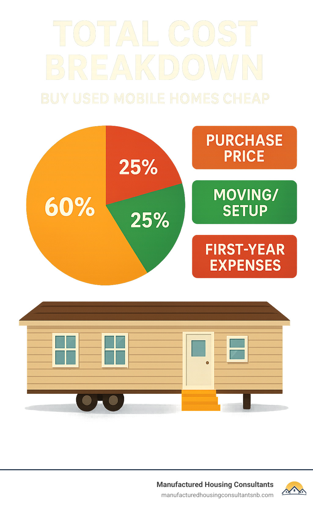 Infographic showing total cost breakdown: Purchase price 60%, Moving/setup 25%, First-year expenses 15% - buy used mobile homes cheap infographic 