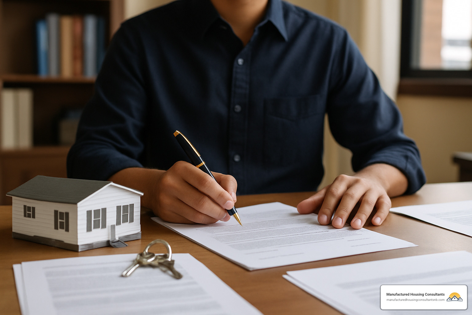 Person signing mobile home purchase documents at a desk - buy used mobile homes cheap