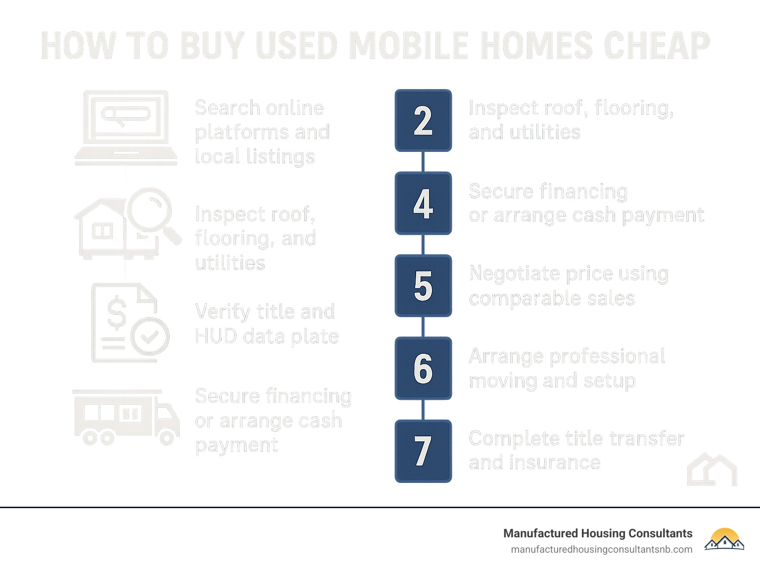Infographic showing the 7-step process to buy used mobile homes cheap: 1) Search online platforms and local listings 2) Inspect roof, flooring, and utilities 3) Verify title and HUD data plate 4) Secure financing or arrange cash payment 5) Negotiate price using comparable sales 6) Arrange professional moving and setup 7) Complete title transfer and insurance - buy used mobile homes cheap infographic 