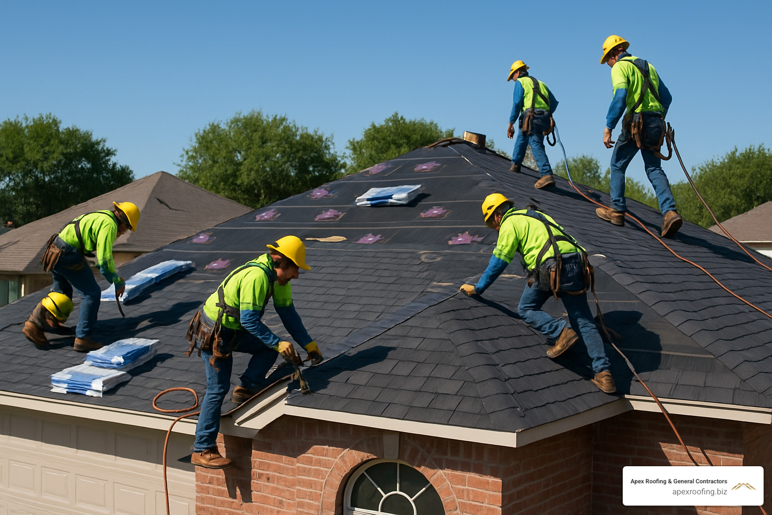 Professional roofing crew performing installation work on a San Antonio home, showing proper safety equipment, organized work area, and quality materials - residential roofers san antonio