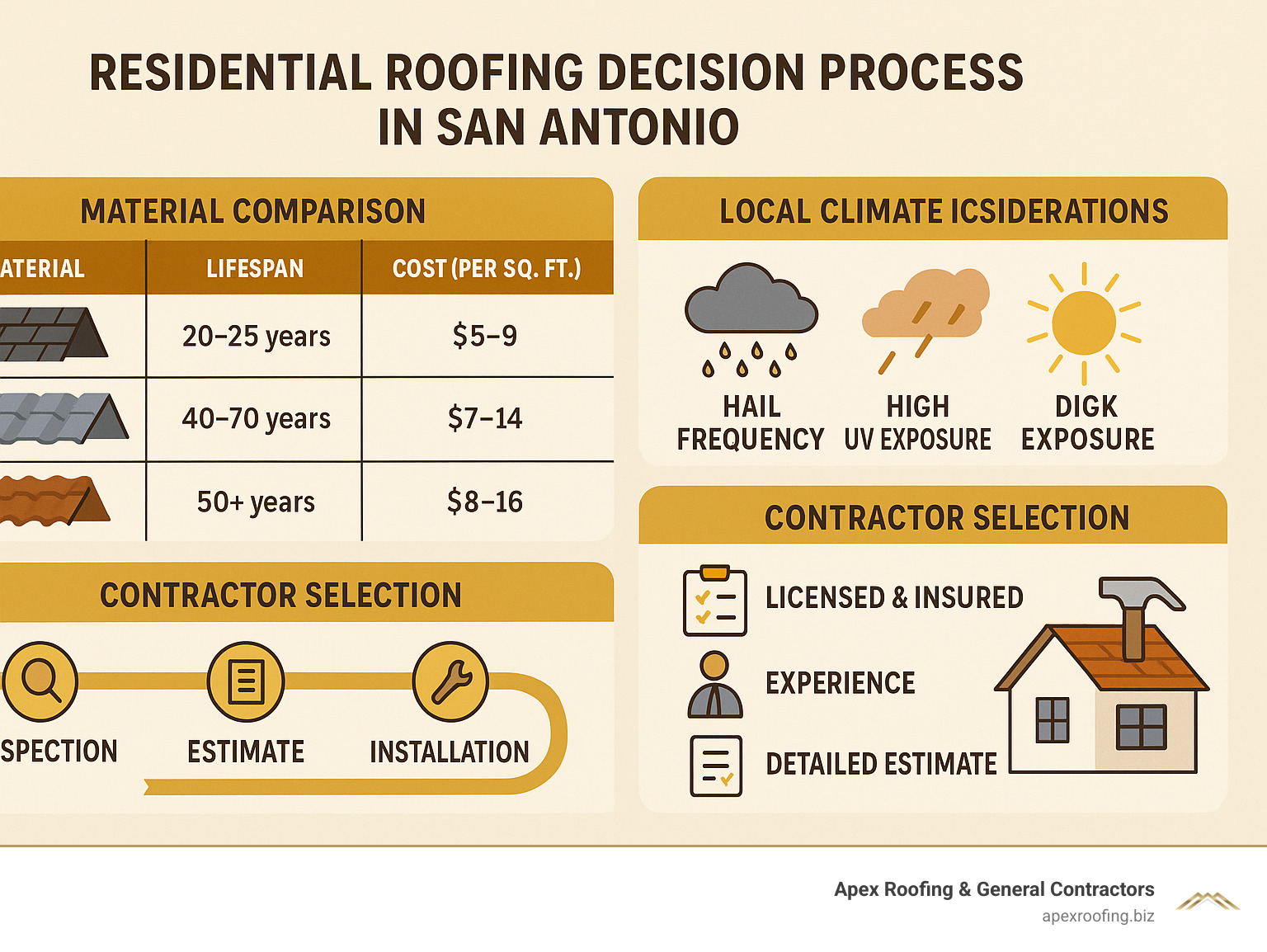 Detailed infographic showing the residential roofing decision process in San Antonio, including material comparison chart with lifespans and costs, local climate considerations like hail frequency and UV exposure, contractor selection criteria with licensing requirements, and typical project timeline from inspection to completion - residential roofers san antonio infographic 
