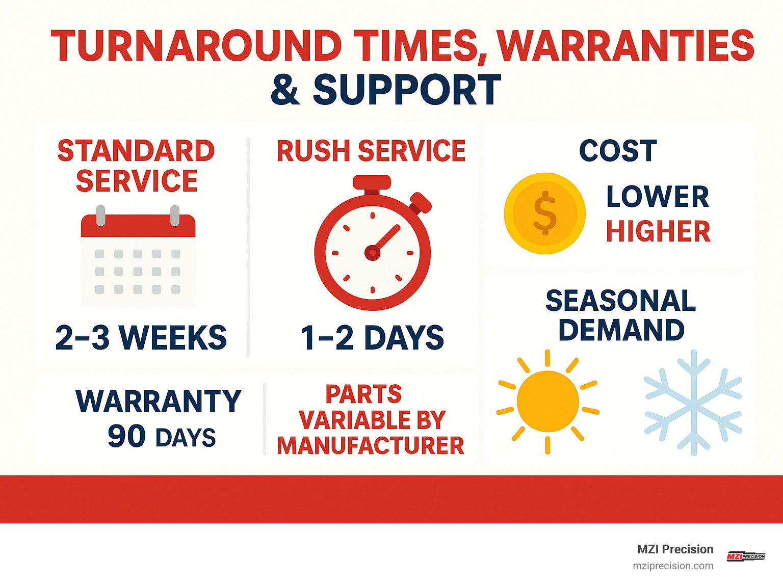 Detailed comparison infographic showing repair turnaround times with standard service at 2-3 weeks versus rush service at 1-2 days, warranty coverage periods of 90 days for labor and varying manufacturer warranties for parts, cost differences between service levels, and seasonal demand impacts on scheduling - honda small engine repair near me infographic 