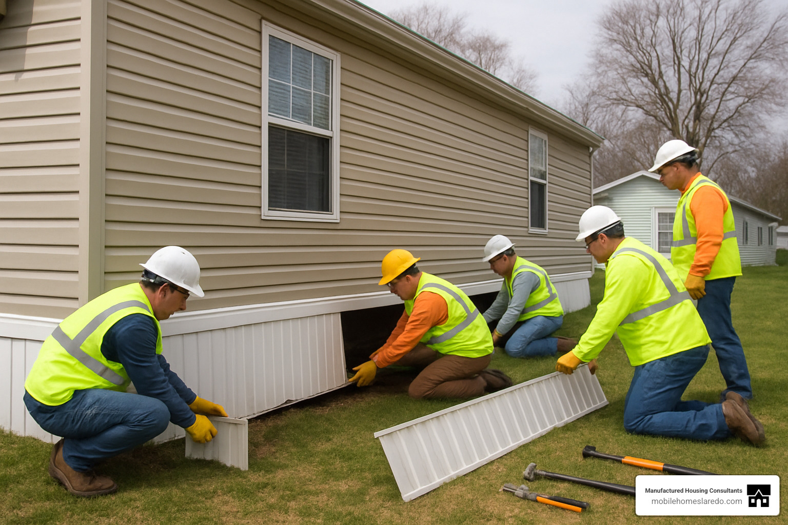 crew removing skirting from mobile home - mobile home relocation services crew removing skirting from mobile home - mobile home relocation services