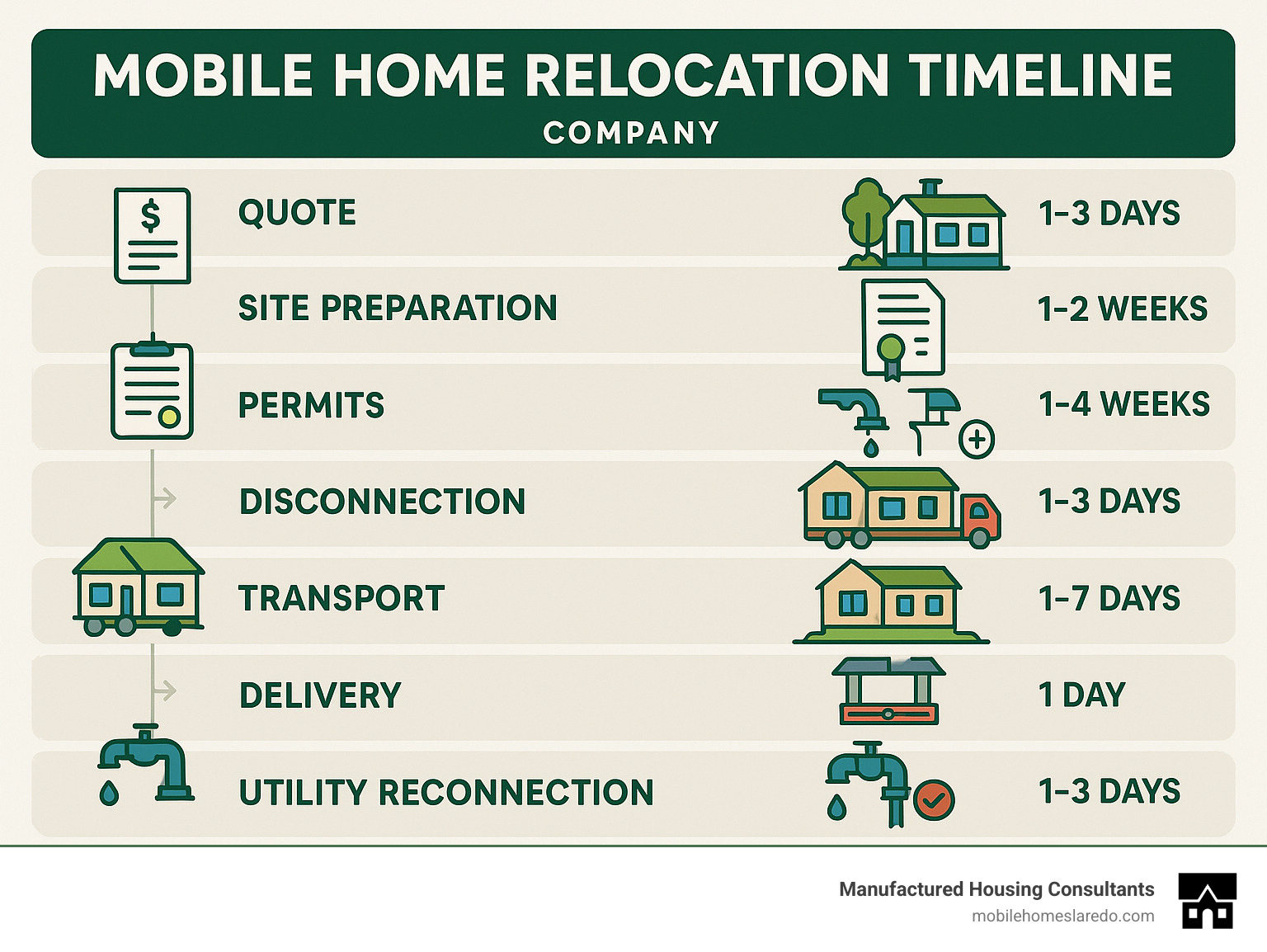 Detailed infographic showing mobile home relocation timeline from initial quote through site preparation, permits, disconnection, transport, delivery, setup, and utility reconnection with estimated timeframes for each phase - mobile home relocation services infographic  Detailed infographic showing mobile home relocation timeline from initial quote through site preparation, permits, disconnection, transport, delivery, setup, and utility reconnection with estimated timeframes for each phase - mobile home relocation services infographic