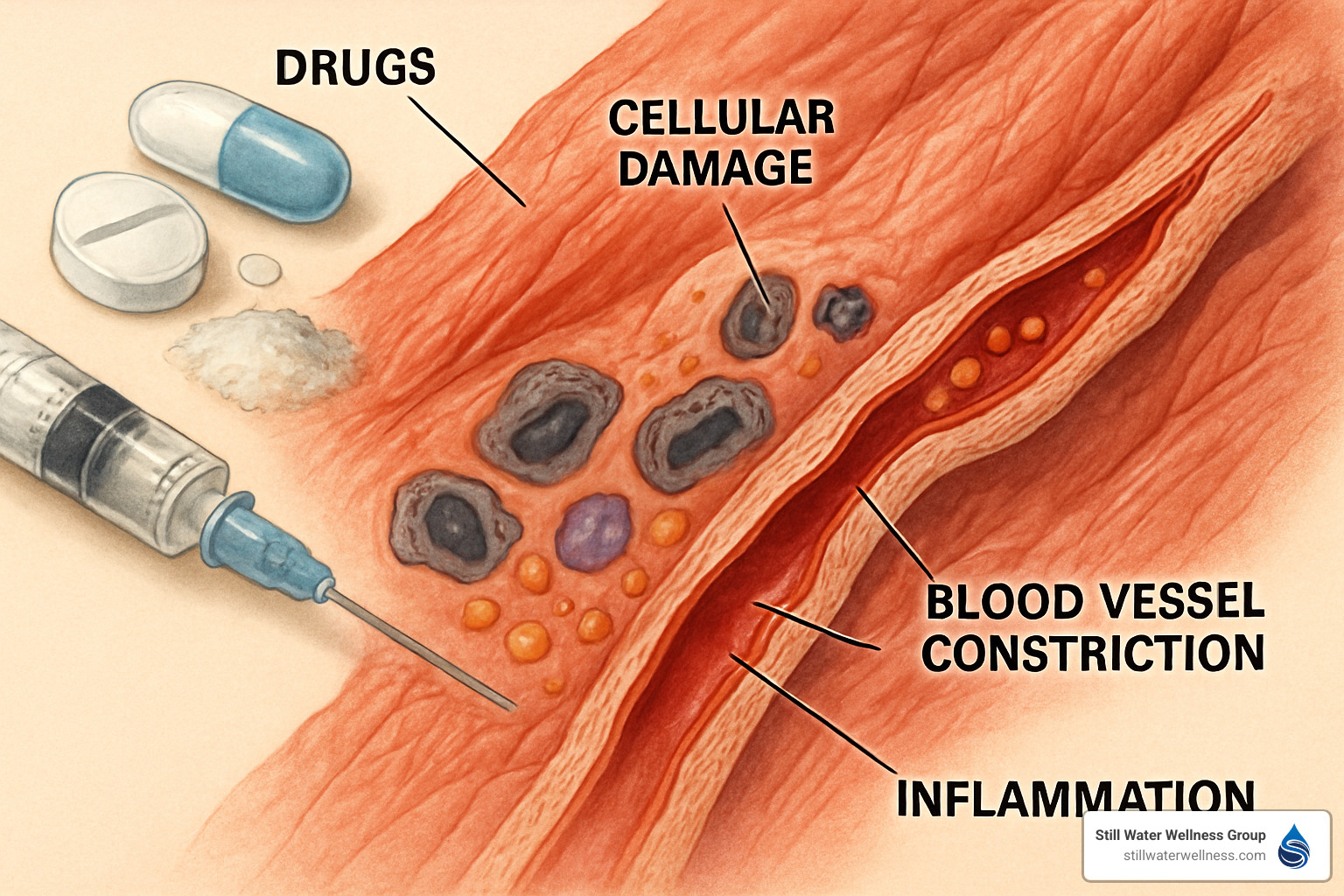 drugs interacting with heart tissue showing cellular damage - how does drug addiction affect the circulatory system