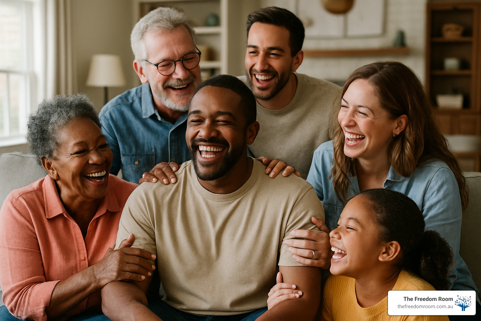 family and friends bonding, candid - post-rehabilitation support