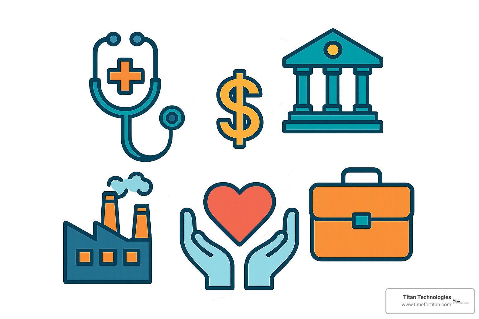 Icons representing different New Jersey industries: healthcare, finance, manufacturing, professional services, and non-profits - managed it consultant new jersey