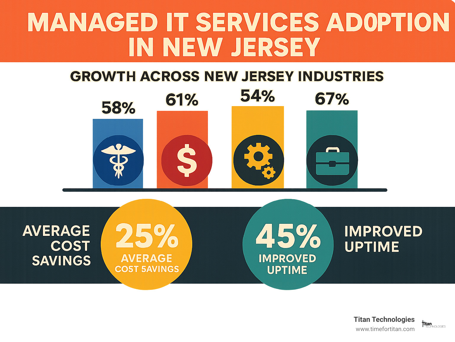 Infographic showing the growth of managed IT services adoption across New Jersey industries including healthcare, finance, manufacturing, and professional services, with statistics on cost savings and improved uptime - managed it consultant new jersey infographic 