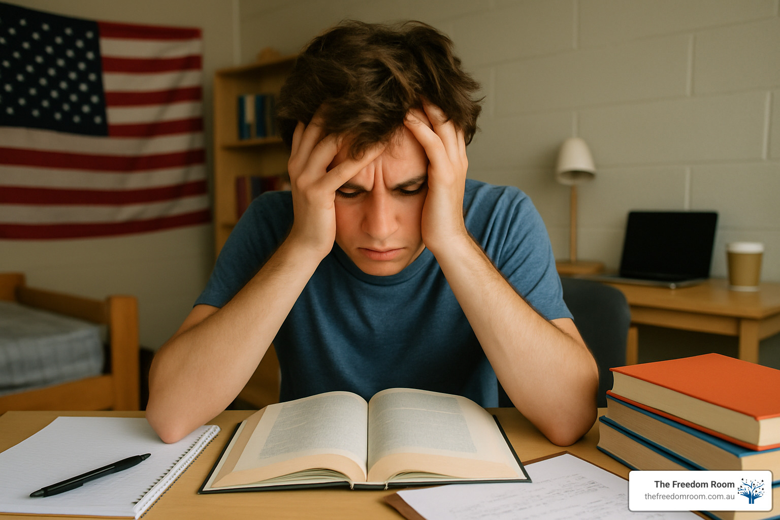 stressed student with textbook - long term health effects of binge drinking stressed student with textbook - long term health effects of binge drinking