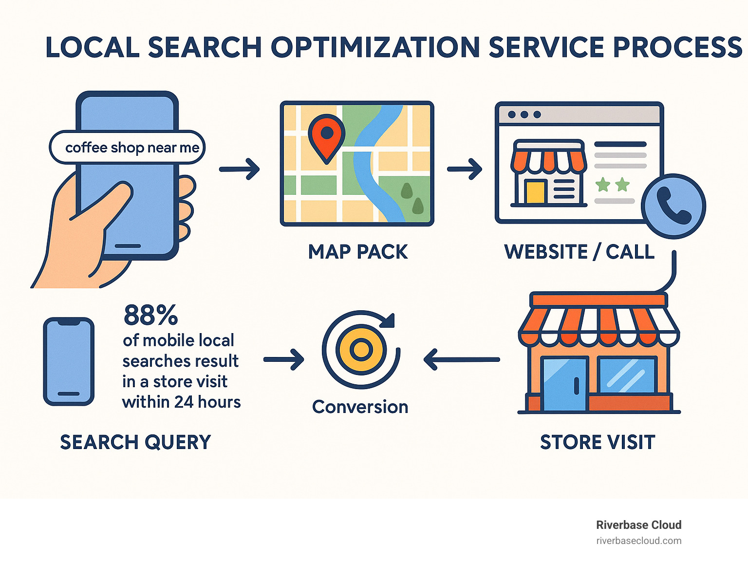Local search optimization service process showing customer journey from search query to store visit, including mobile search statistics, map pack rankings, and conversion touchpoints - Local search optimization service infographic 