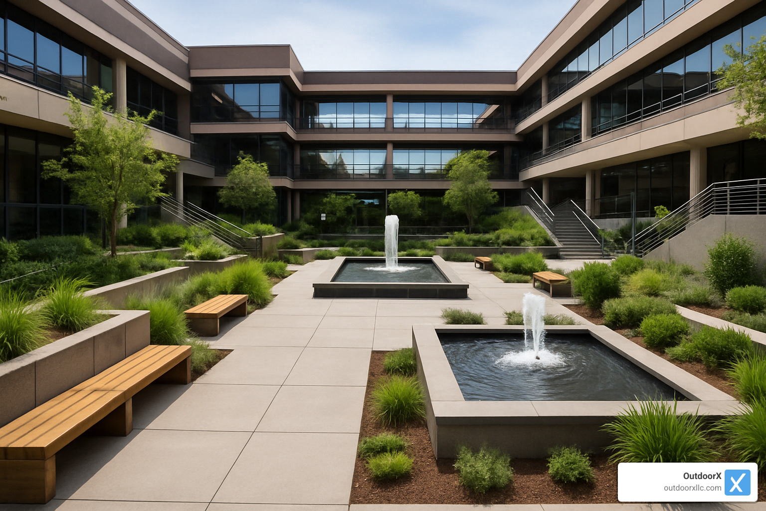 modern multi-level commercial courtyard with integrated seating and water features - commercial hardscaping near me modern multi-level commercial courtyard with integrated seating and water features - commercial hardscaping near me