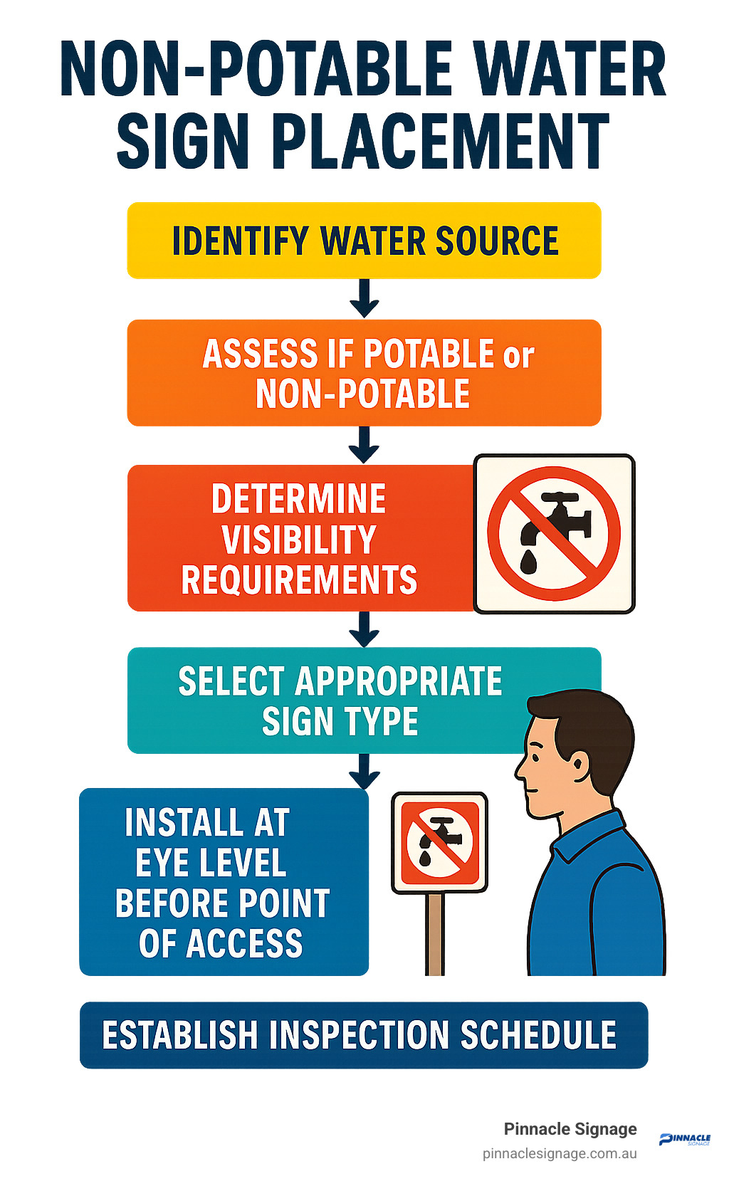 Infographic showing non-potable water sign placement decision flowchart with steps: identify water source, assess if potable or non-potable, determine visibility requirements, select appropriate sign type, install at eye level before point of access, and establish inspection schedule - non-potable water signs infographic 