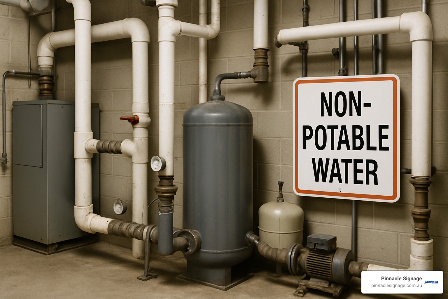 mechanical room with non-potable water notice sign - non-potable water signs