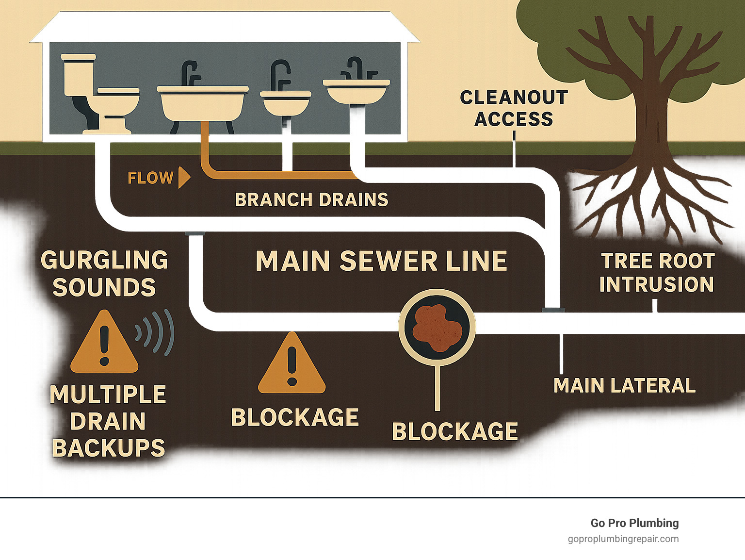 Detailed infographic showing main sewer line flow from house fixtures through branch drains to main lateral, including cleanout access points, tree root intrusion zones, and common blockage locations with warning signs like gurgling sounds and multiple drain backups - Sewer line blockage infographic 