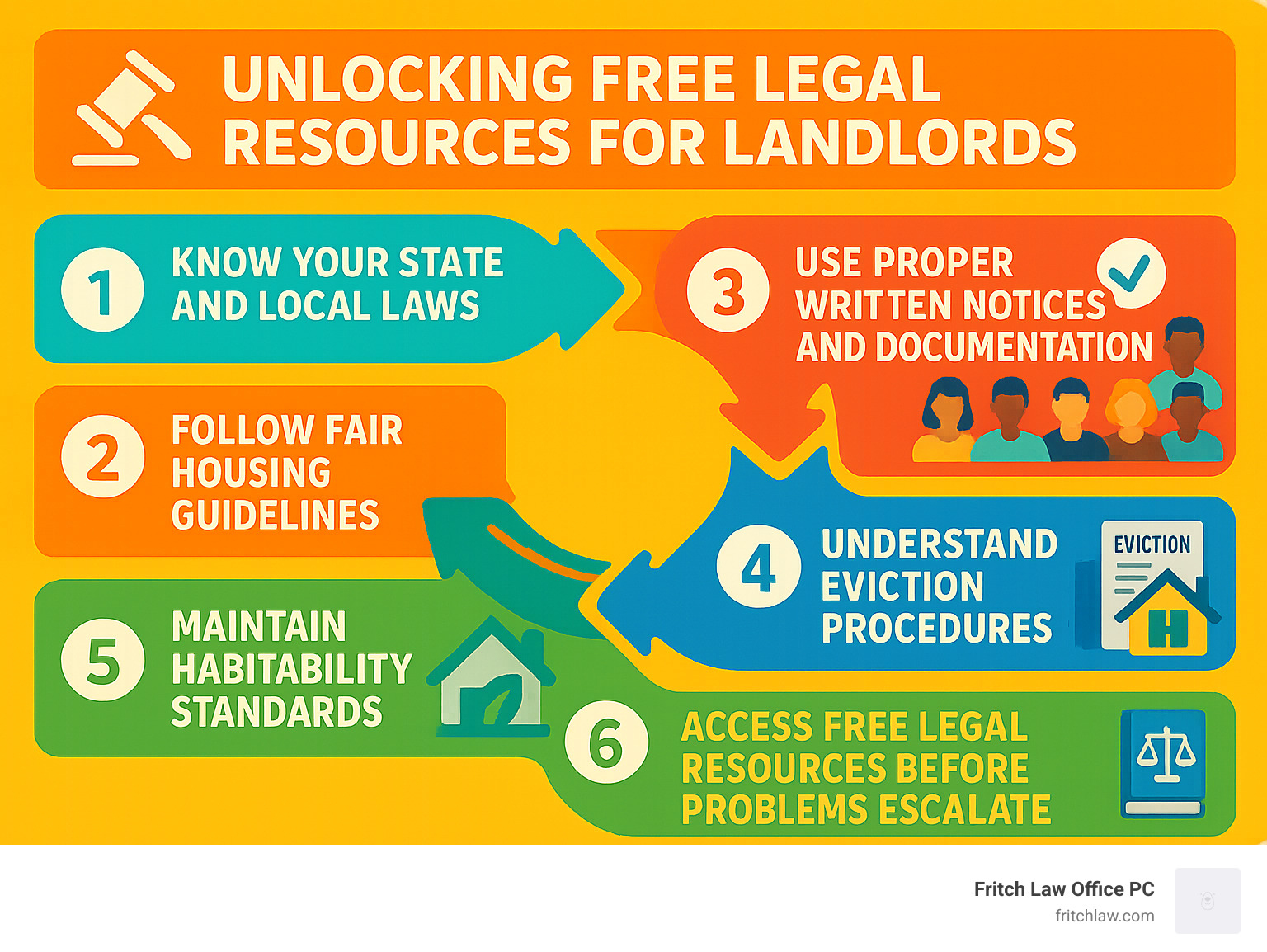 Infographic showing the landlord-tenant legal landscape with 6 key steps: 1) Know your state and local laws, 2) Use proper written notices and documentation, 3) Follow fair housing guidelines, 4) Understand eviction procedures, 5) Maintain habitability standards, and 6) Access free legal resources before problems escalate - landlord legal advice free infographic 
