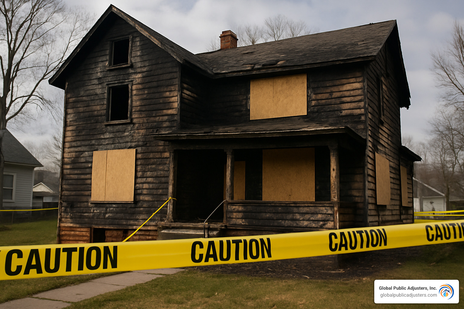 Property with caution tape around fire-damaged building - fire damage assessment services