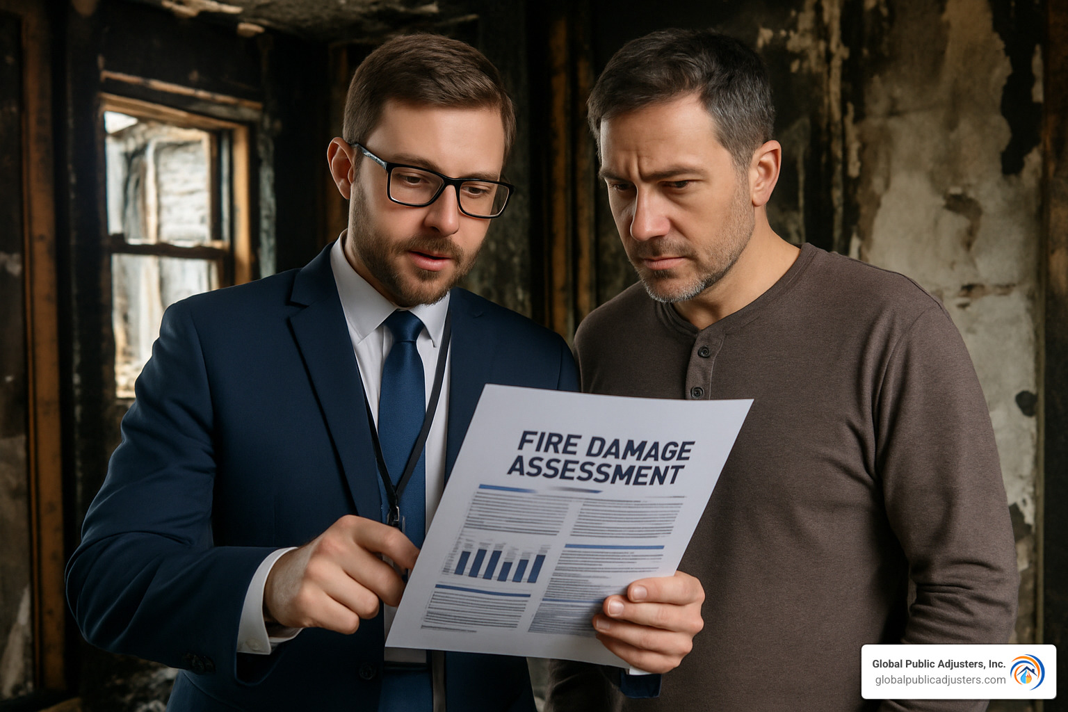 Insurance adjuster reviewing detailed fire damage assessment report with property owner - fire damage assessment services