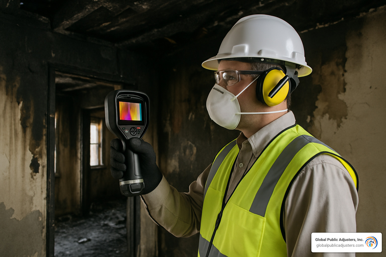 Professional assessor using thermal imaging camera to detect hidden fire damage - fire damage assessment services